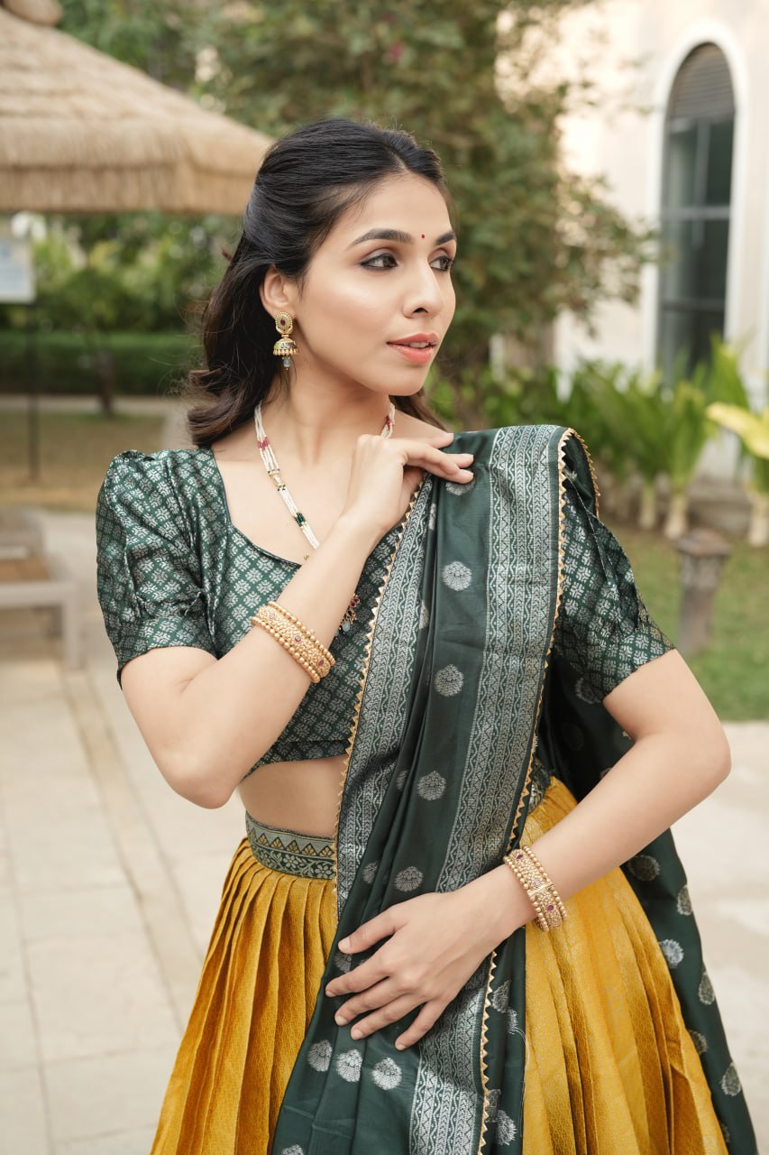 Yellow Kanchipuram Silk Zari Weaving Lehenga Choli