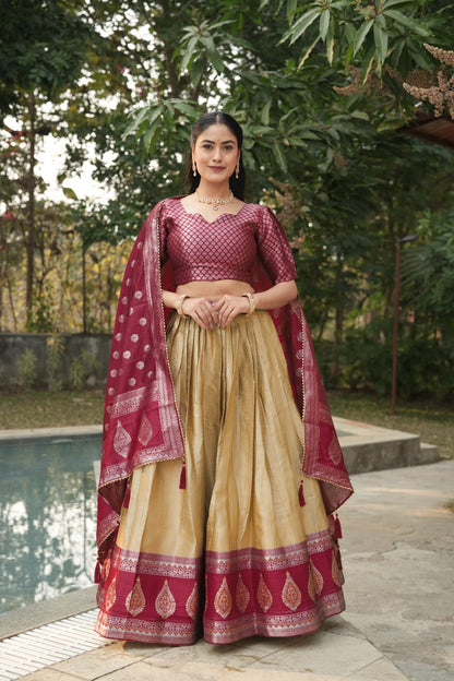 Beige Kanchipuram Silk Zari Weaving Wedding Lehenga Choli