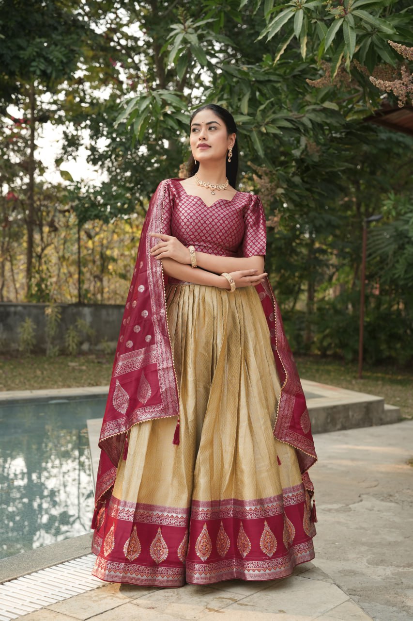 Beige Kanchipuram Silk Zari Weaving Wedding Lehenga Choli