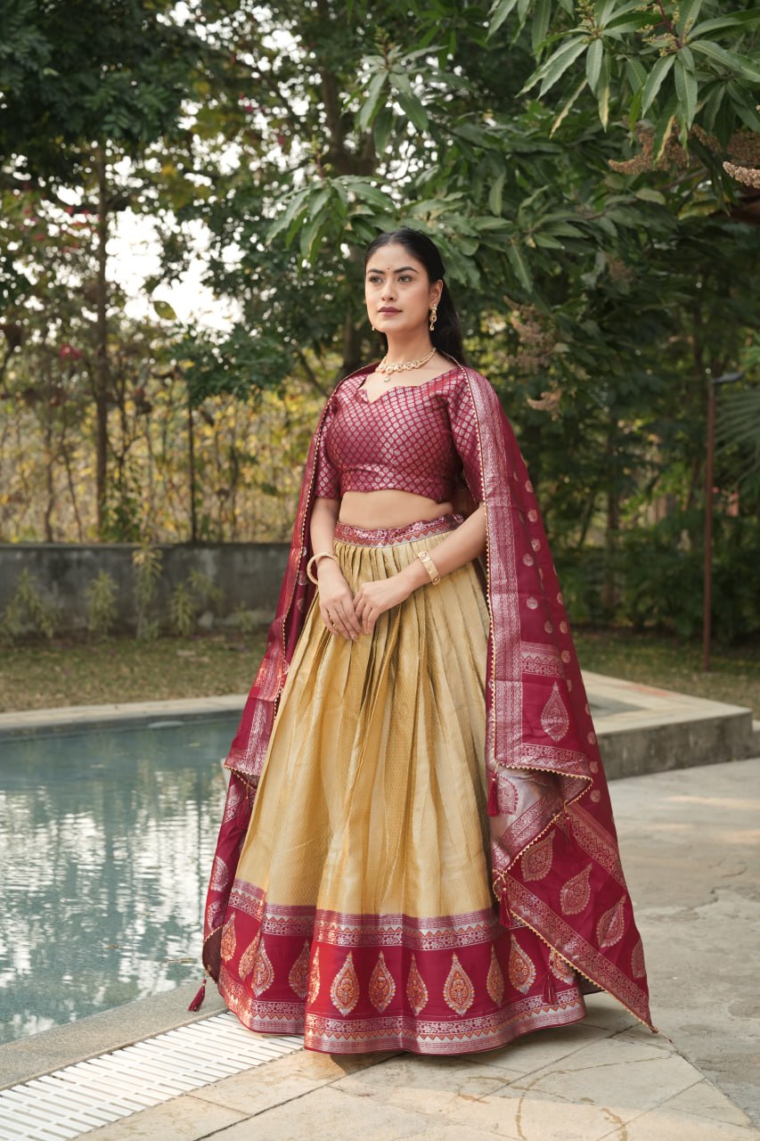 Beige Kanchipuram Silk Zari Weaving Wedding Lehenga Choli