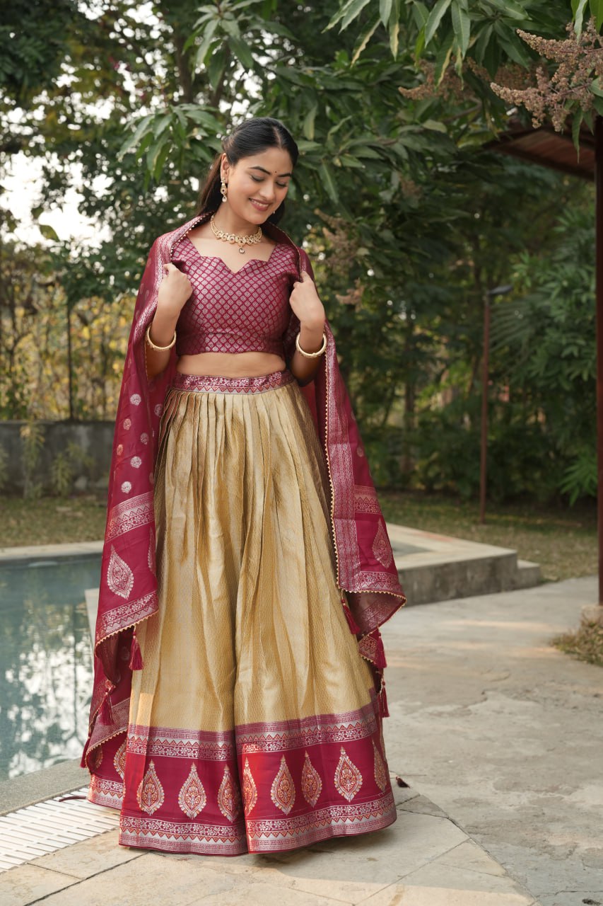 Beige Kanchipuram Silk Zari Weaving Wedding Lehenga Choli