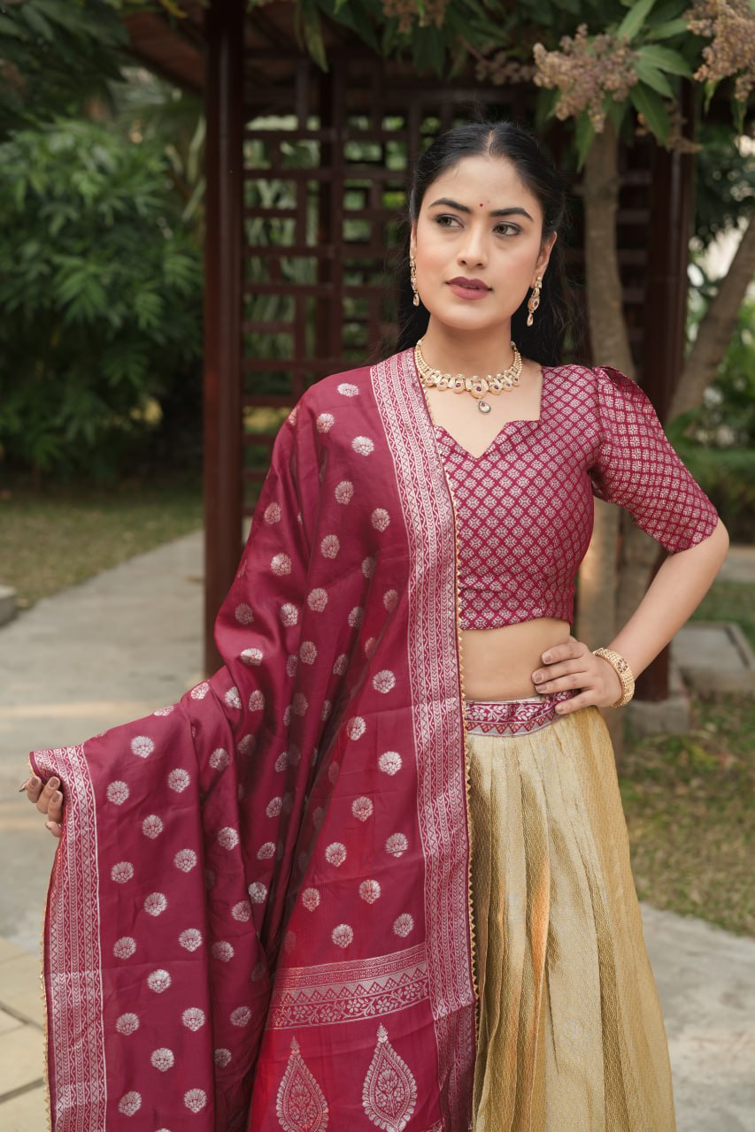 Beige Kanchipuram Silk Zari Weaving Wedding Lehenga Choli