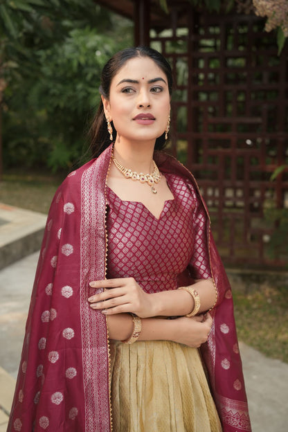 Beige Kanchipuram Silk Zari Weaving Wedding Lehenga Choli