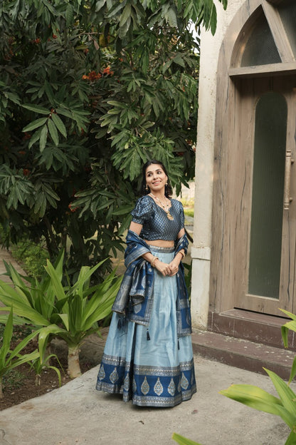 South Indian Sky Blue Kanchipuram Silk Party Lehenga Choli