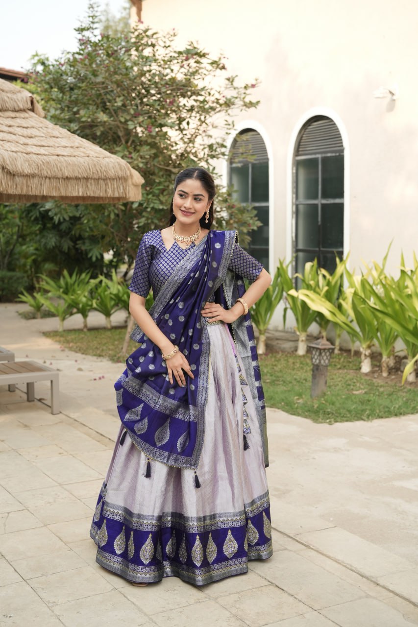Purple Blue Kanchipuram Silk South Indian Lehenga Choli