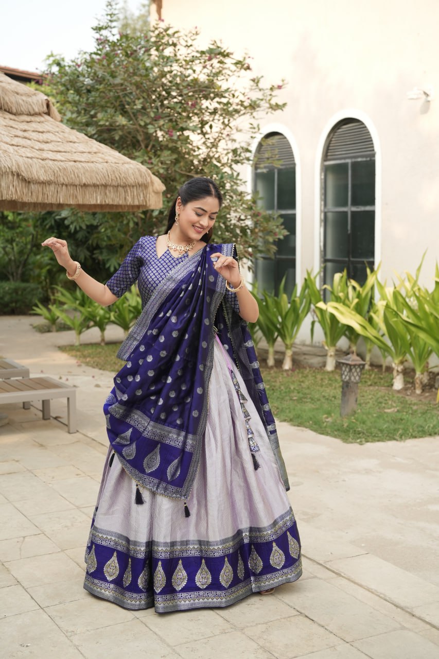 Purple Blue Kanchipuram Silk South Indian Lehenga Choli