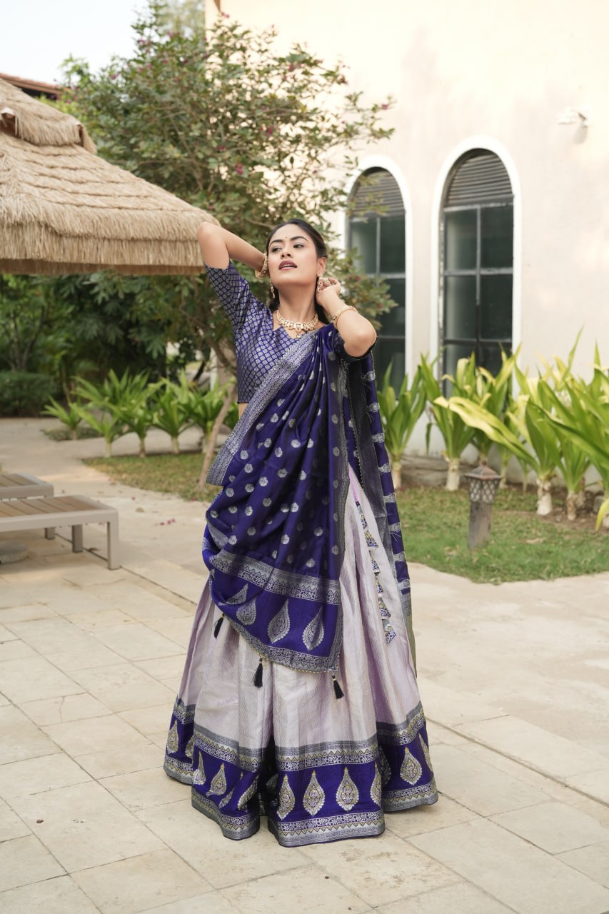 Purple Blue Kanchipuram Silk South Indian Lehenga Choli