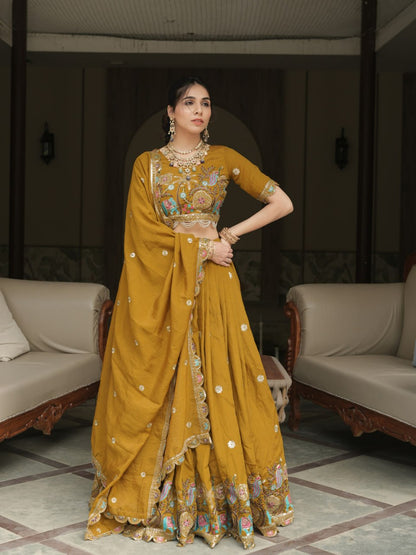 Mustard Vichitra Ready to Wear Lehenga Choli for Wedding