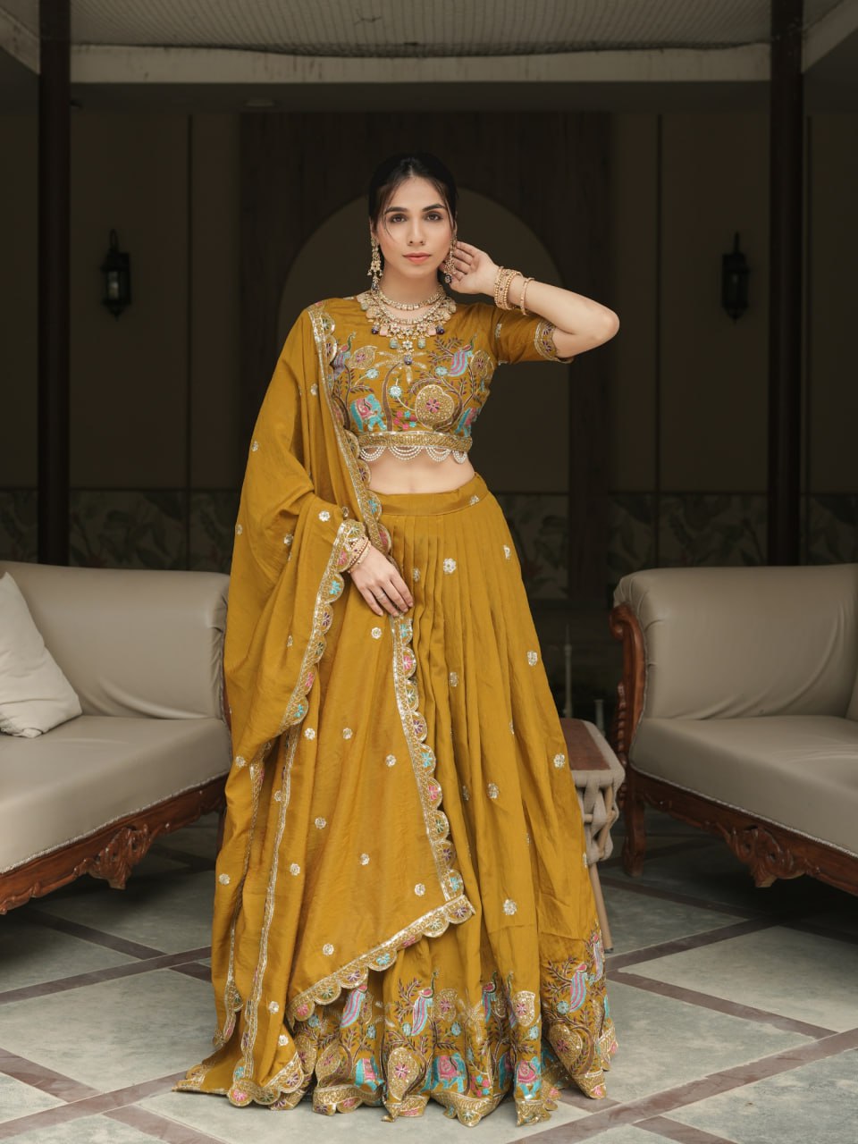 Mustard Vichitra Ready to Wear Lehenga Choli for Wedding