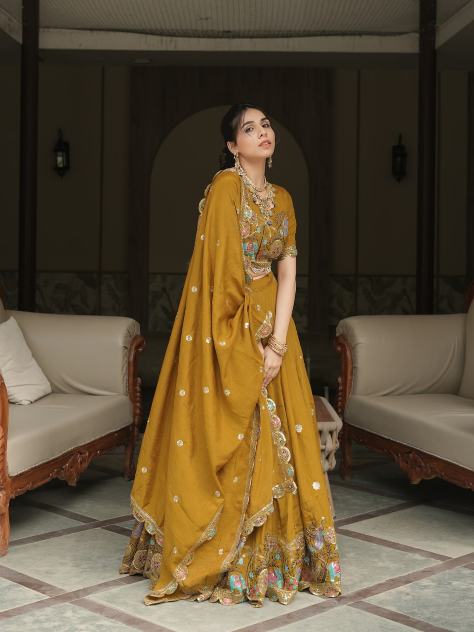 Mustard Vichitra Ready to Wear Lehenga Choli for Wedding