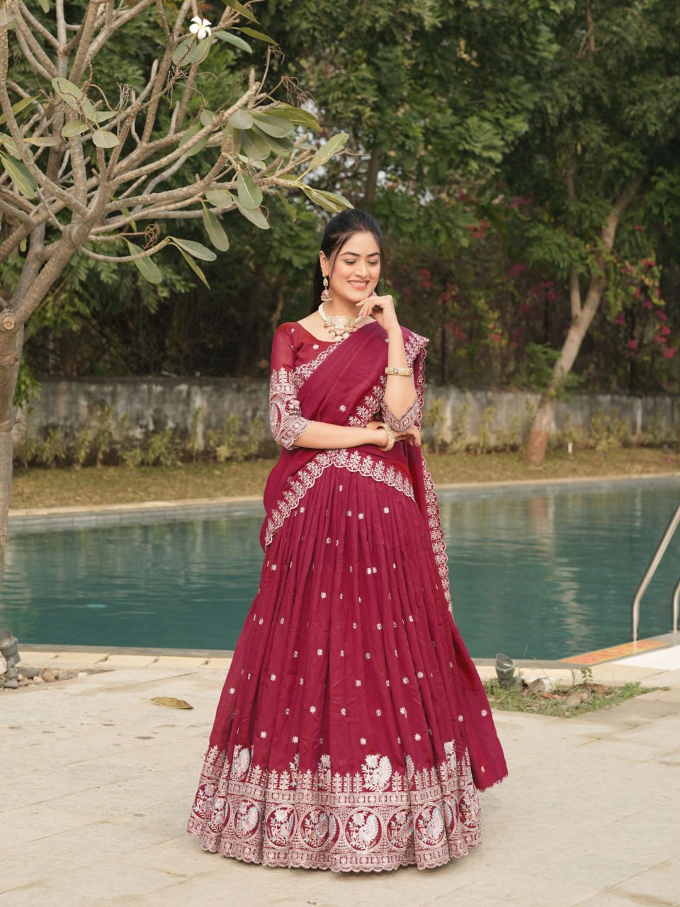 Ready to Wear Burgundy Vichitra Lehenga Choli for Party