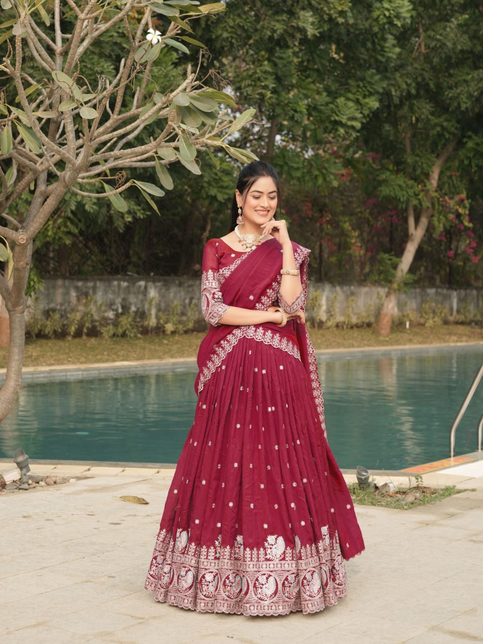 Ready to Wear Burgundy Vichitra Lehenga Choli for Party