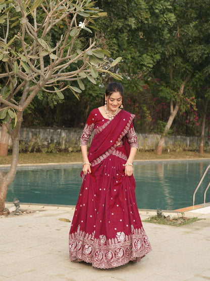 Ready to Wear Burgundy Vichitra Lehenga Choli for Party