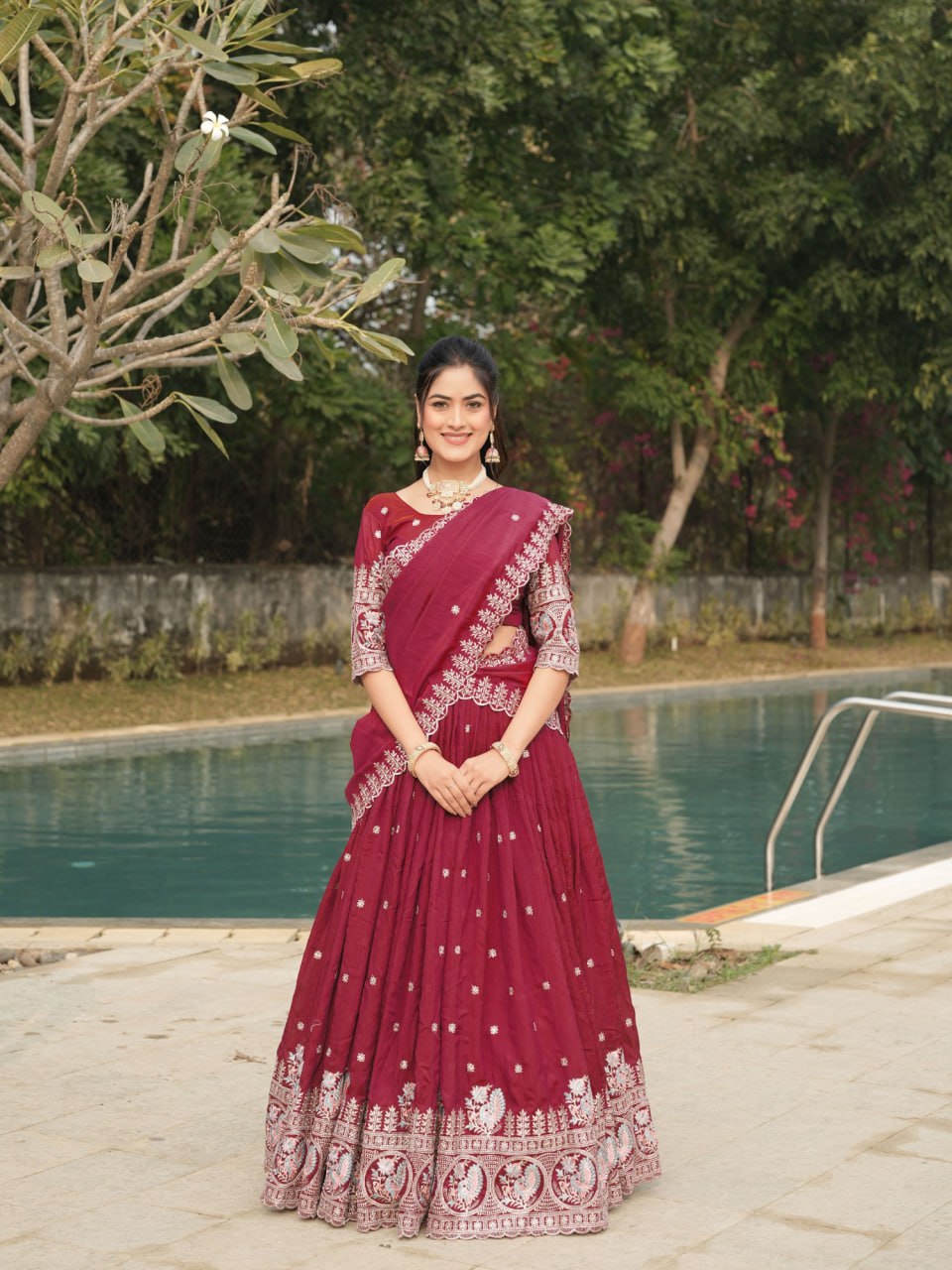 Ready to Wear Burgundy Vichitra Lehenga Choli for Party