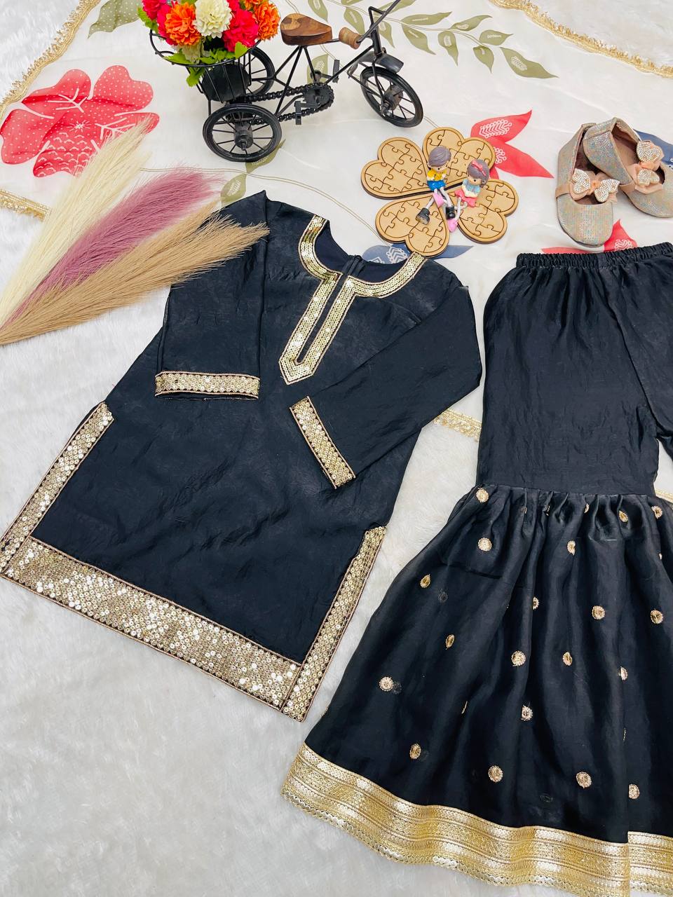 Black Ready to Wear Kids Sharara Suits for Party