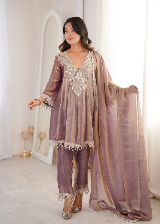 Mauve Ready to Wear Mirror Work Kurti with Pant Set