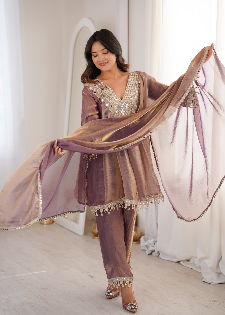 Mauve Ready to Wear Mirror Work Kurti with Pant Set