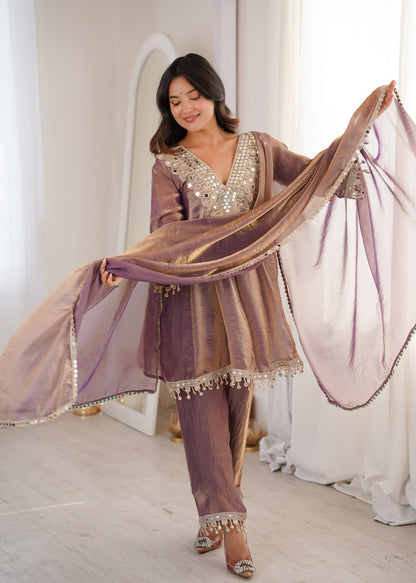 Mauve Ready to Wear Mirror Work Kurti with Pant Set