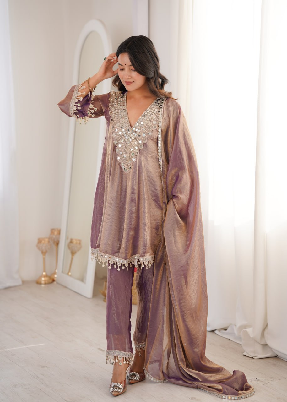 Mauve Ready to Wear Mirror Work Kurti with Pant Set