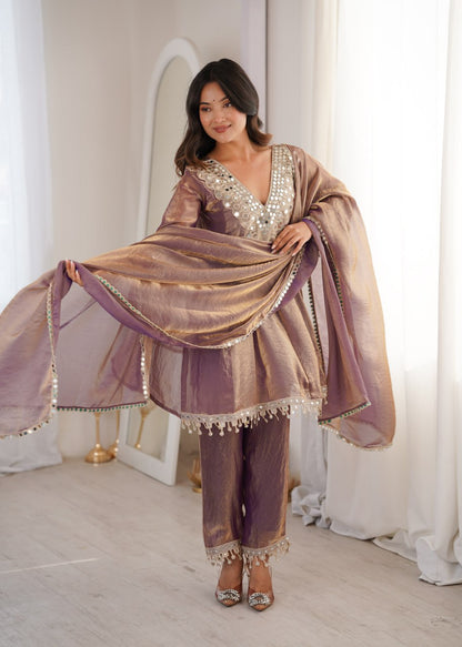 Mauve Ready to Wear Mirror Work Kurti with Pant Set