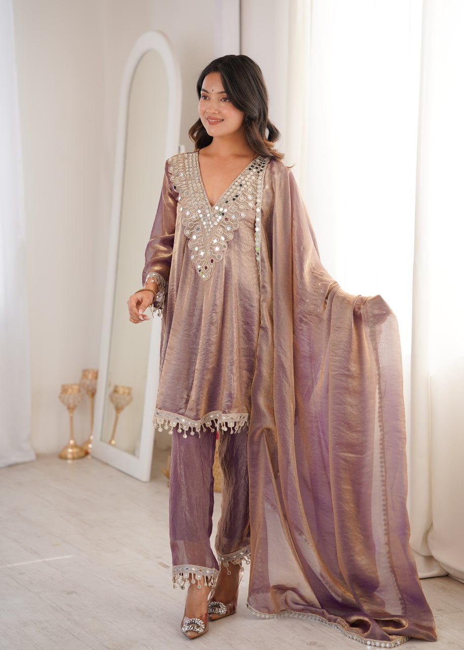 Mauve Ready to Wear Mirror Work Kurti with Pant Set
