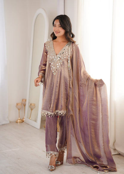 Mauve Ready to Wear Mirror Work Kurti with Pant Set