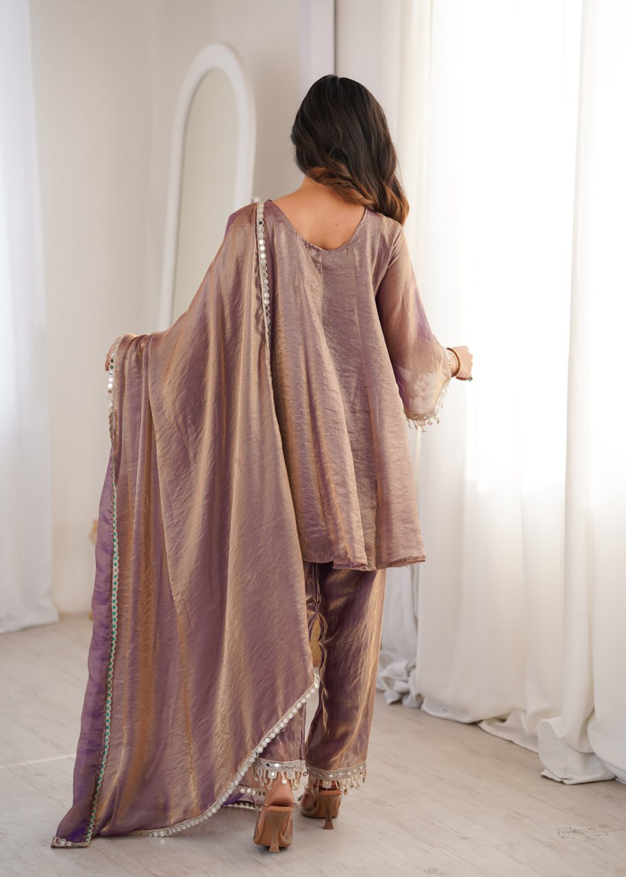 Mauve Ready to Wear Mirror Work Kurti with Pant Set
