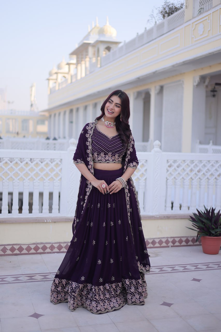 Indian Purple Wedding Guest Embroidered Lehenga Choli