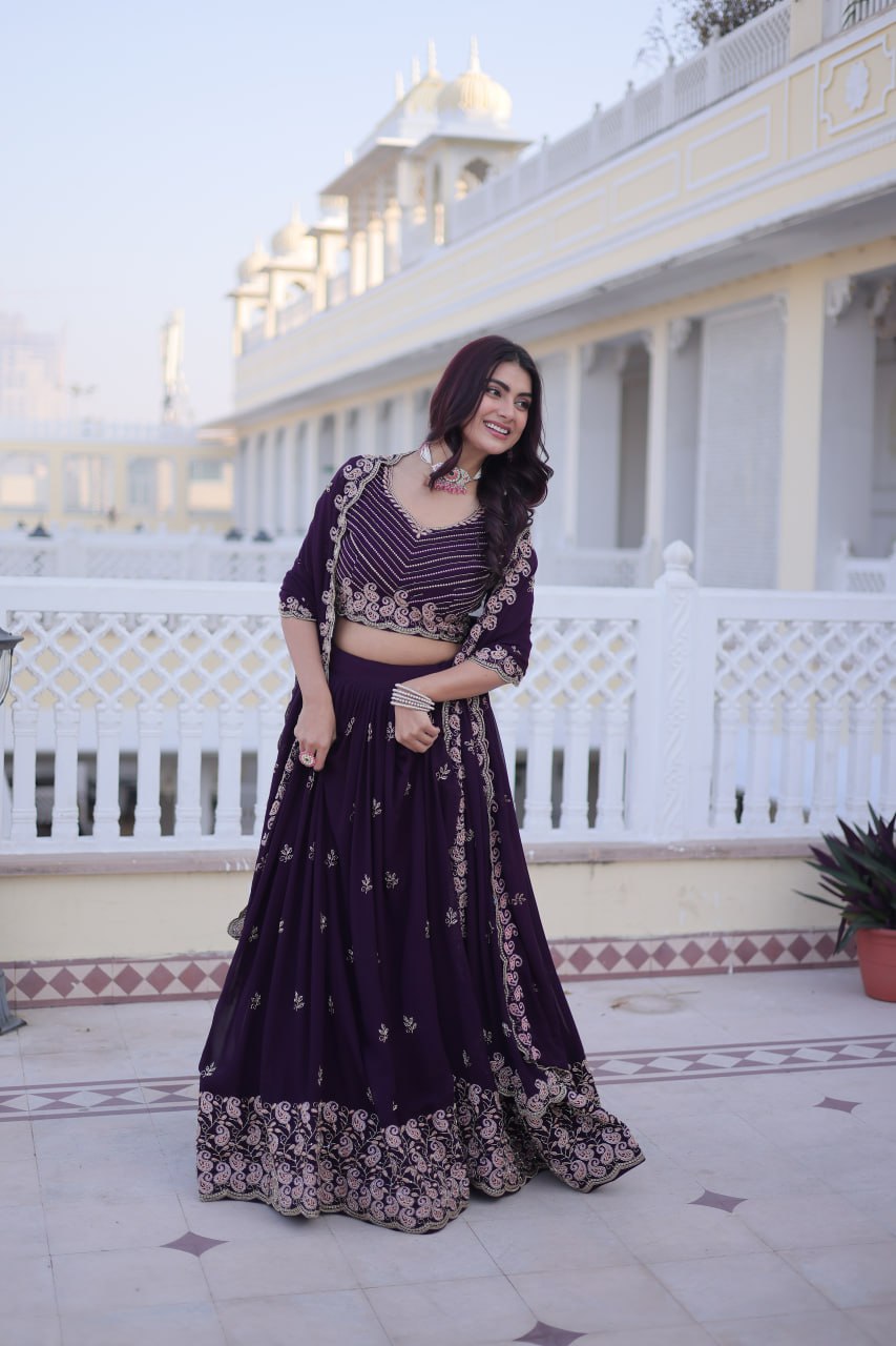 Indian Purple Wedding Guest Embroidered Lehenga Choli