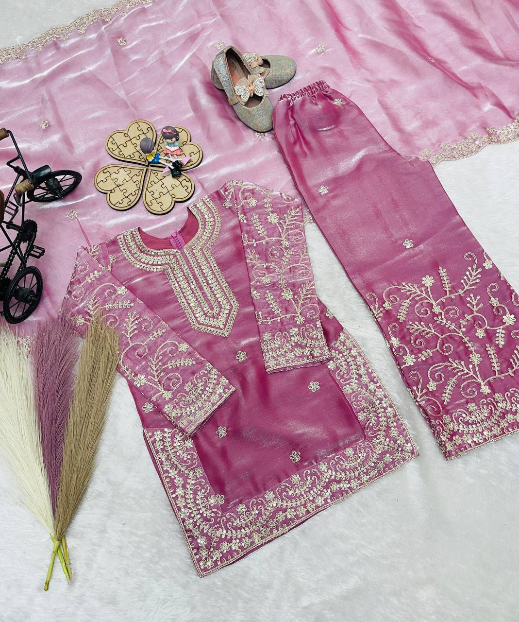 Ready to Wear Pink Silk Kids Sharara Suits for Wedding
