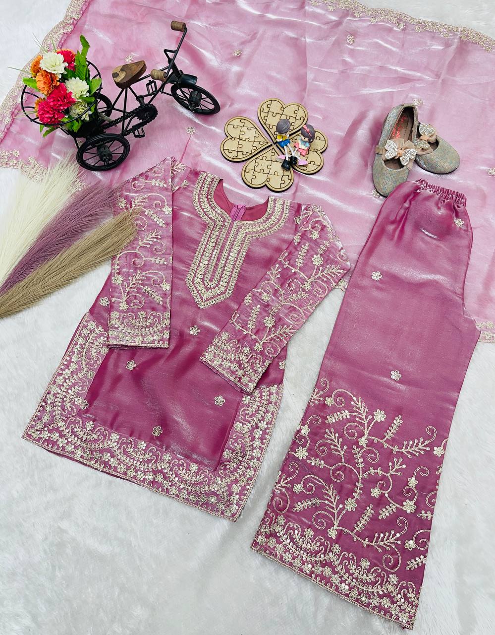 Ready to Wear Pink Silk Kids Sharara Suits for Wedding