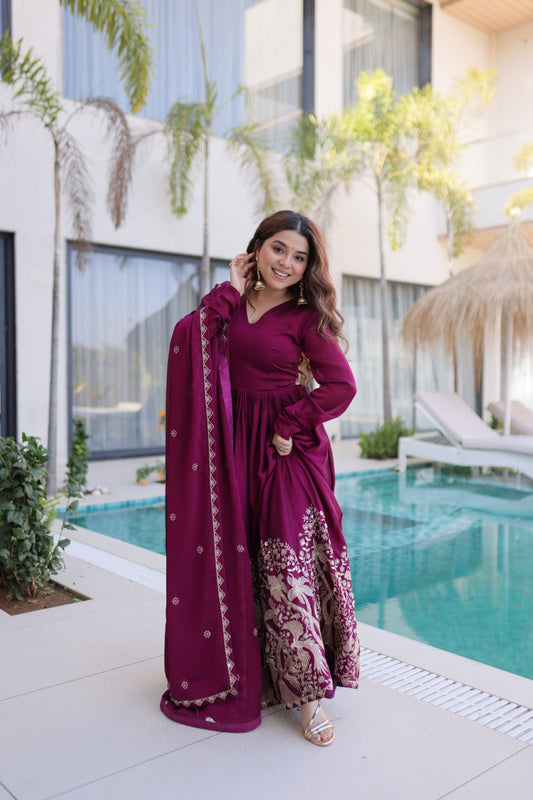 Ready to Wear Wine Sequins Embroidered Anarkali Gown