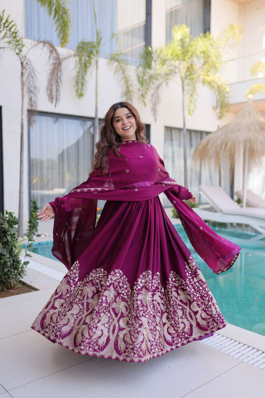 Ready to Wear Wine Sequins Embroidered Anarkali Gown