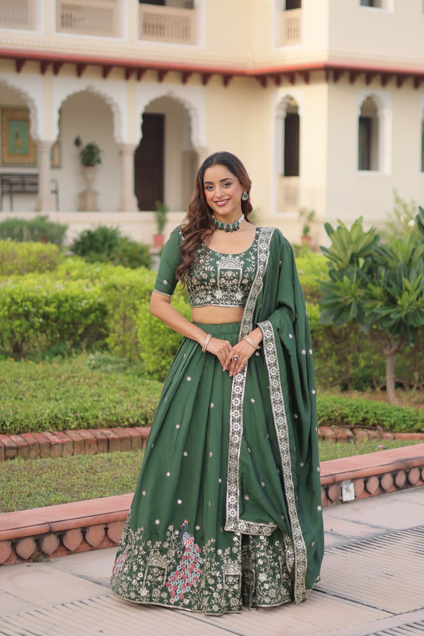 Green Vichitra Silk Embroidered Sequins Lehenga Choli