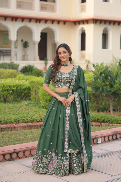 Green Vichitra Silk Embroidered Sequins Lehenga Choli