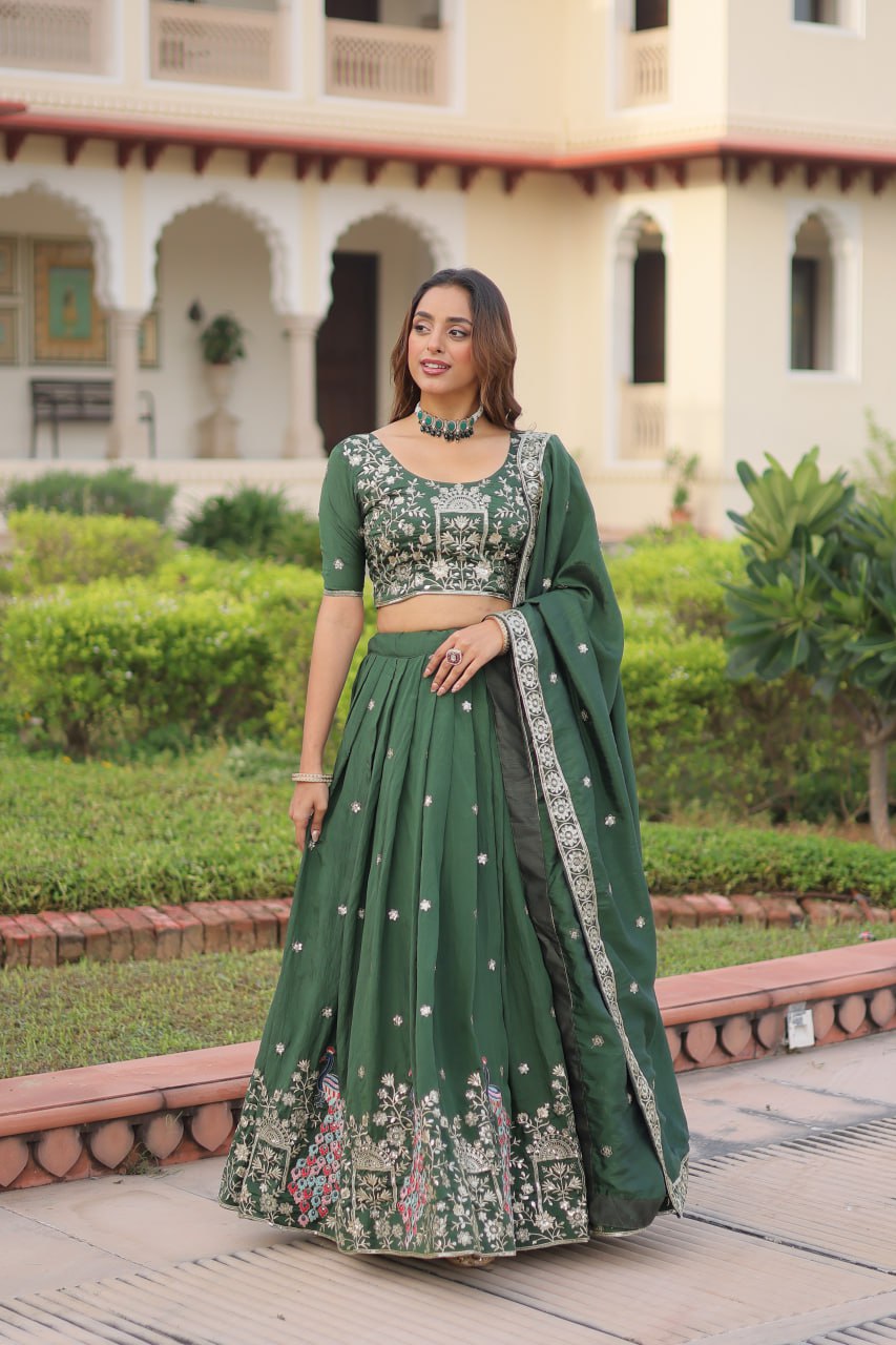 Green Vichitra Silk Embroidered Sequins Lehenga Choli