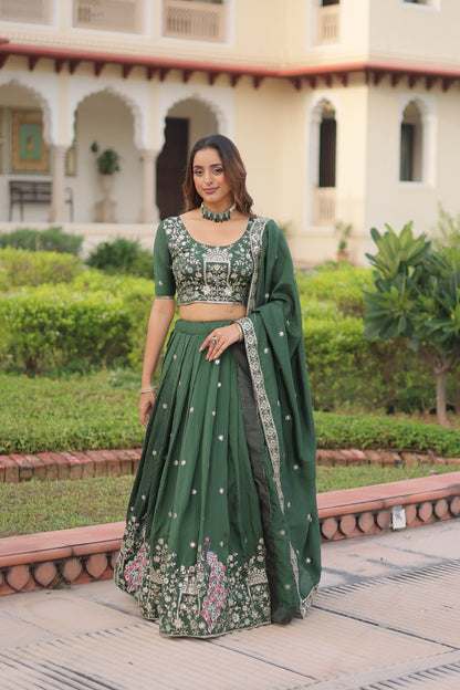 Green Vichitra Silk Embroidered Sequins Lehenga Choli
