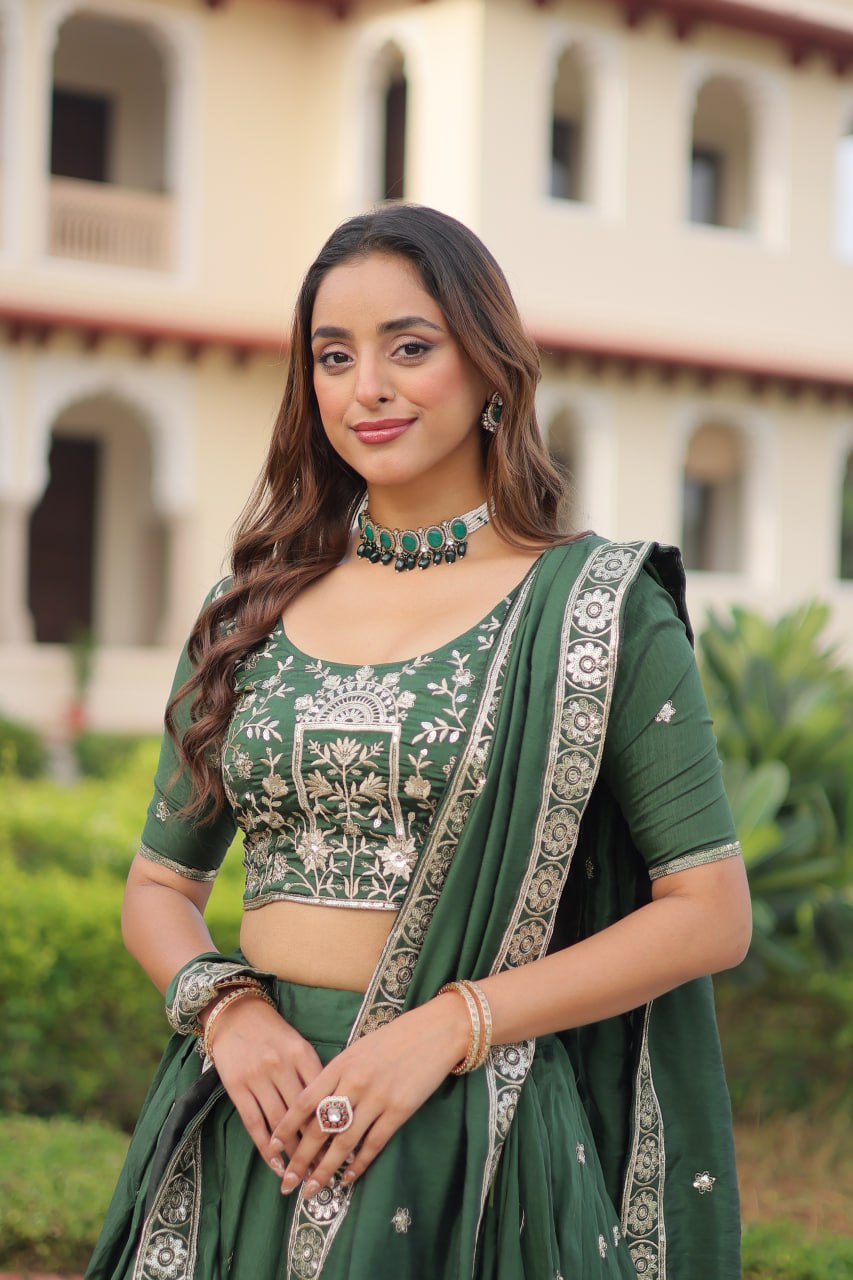 Green Vichitra Silk Embroidered Sequins Lehenga Choli
