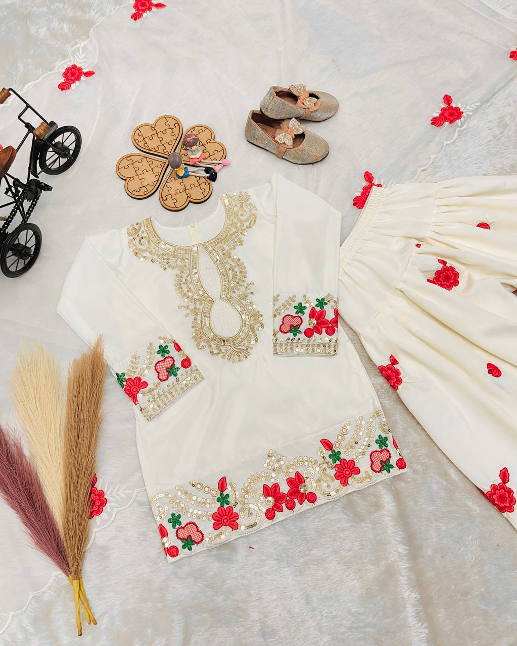 Off White Readymade Kids Salwar Suits for Wedding