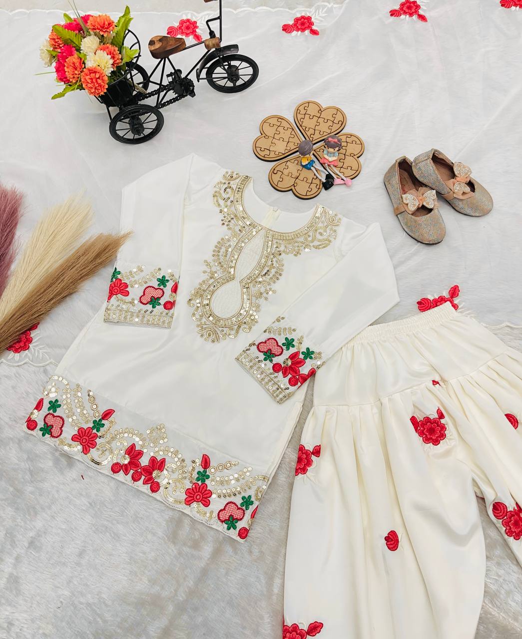 Off White Readymade Kids Salwar Suits for Wedding