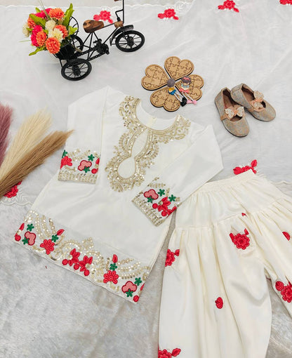 Off White Readymade Kids Salwar Suits for Wedding
