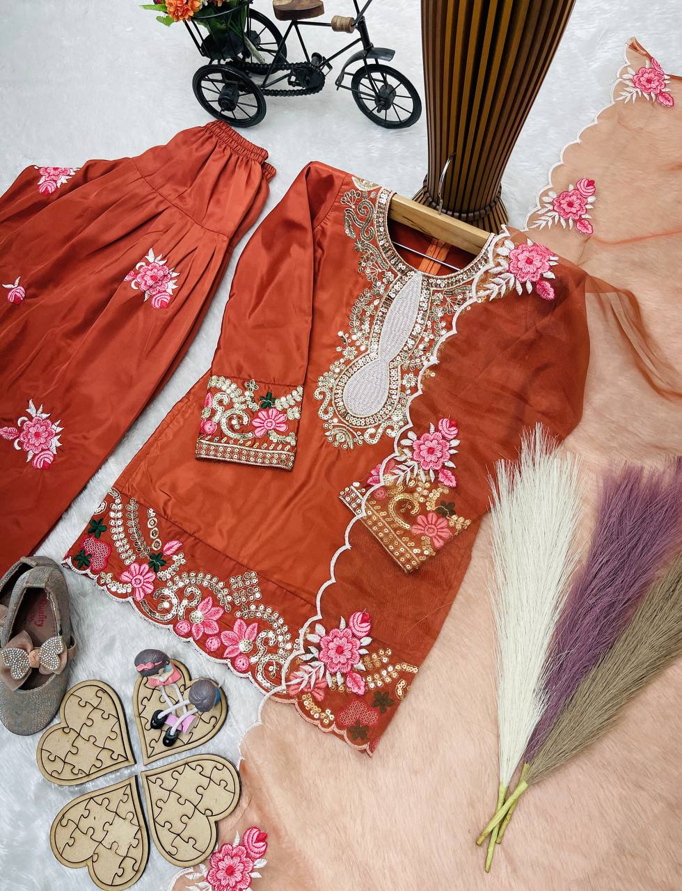 Readymade Orange Kids Girls Party Wear Salwar Suits