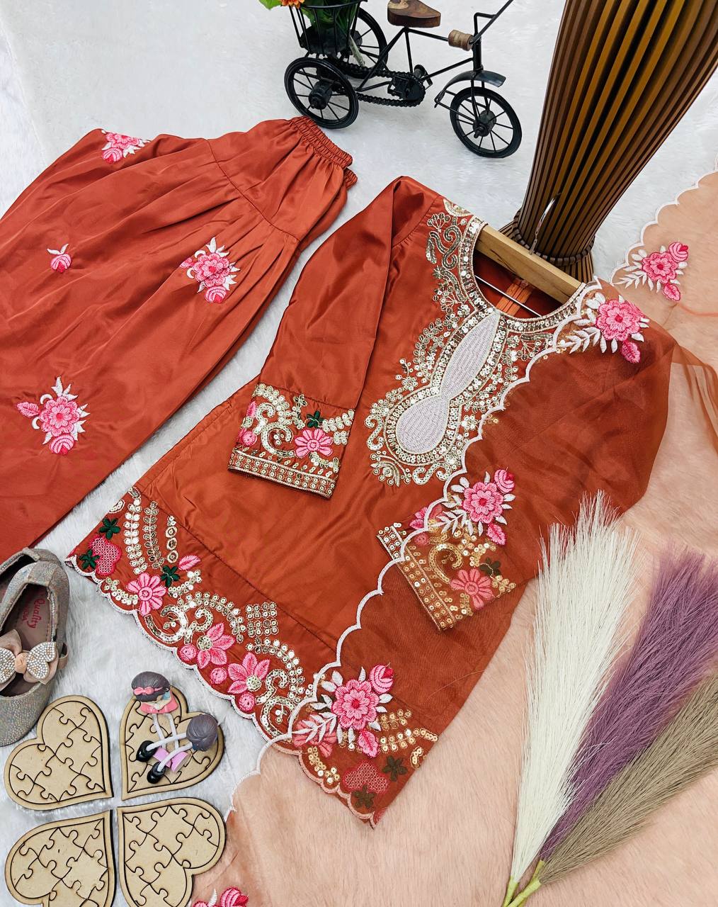 Readymade Orange Kids Girls Party Wear Salwar Suits