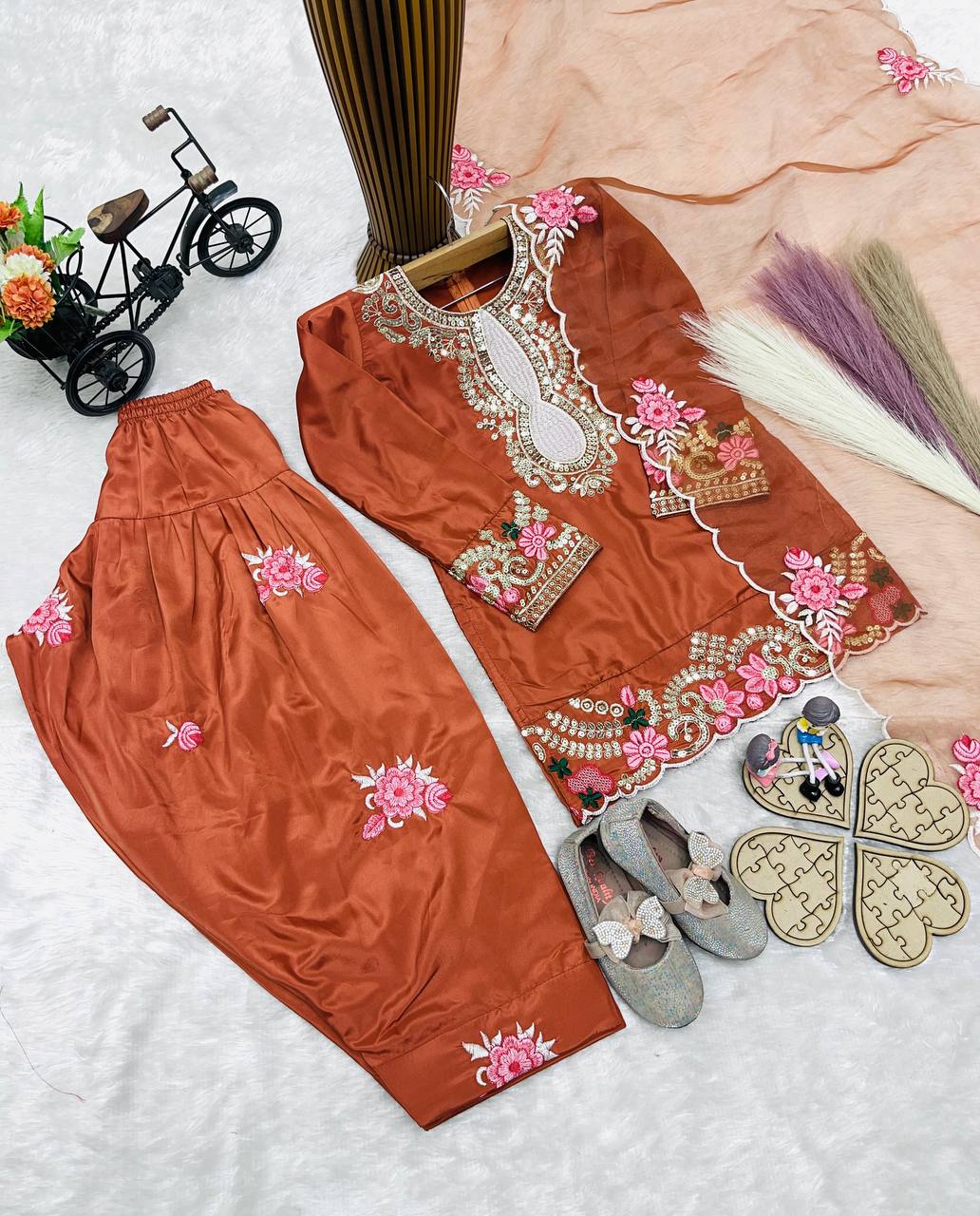 Readymade Orange Kids Girls Party Wear Salwar Suits