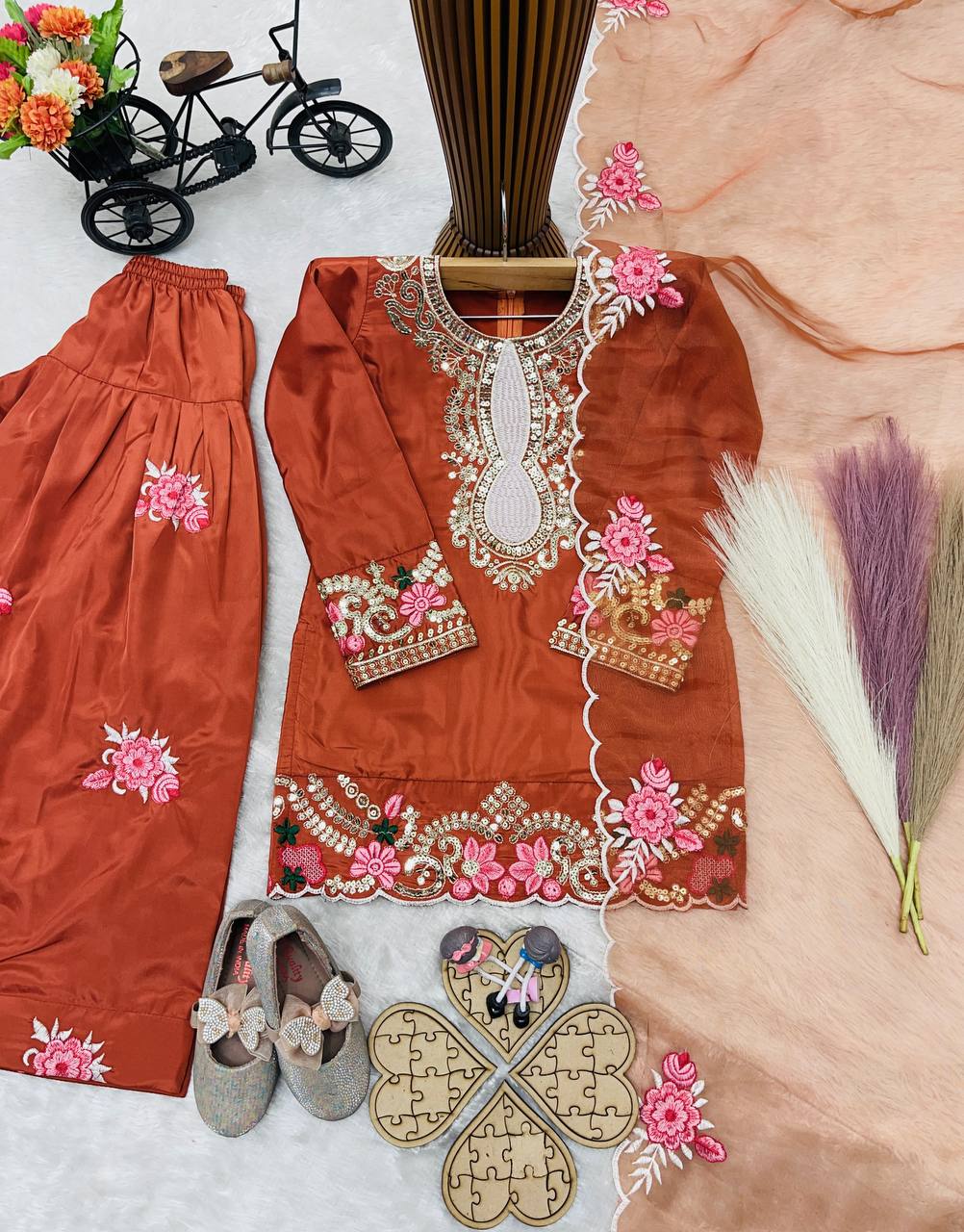 Readymade Orange Kids Girls Party Wear Salwar Suits