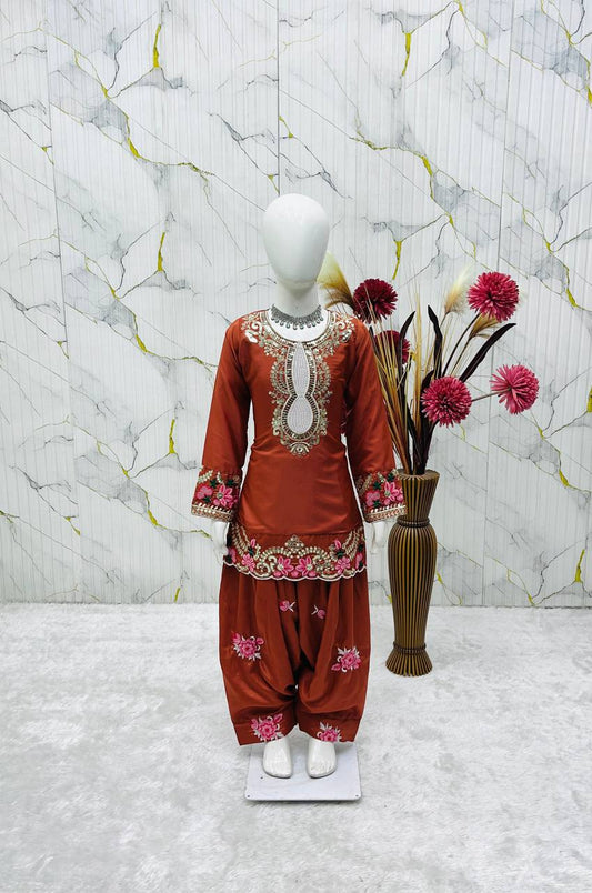 Readymade Orange Kids Girls Party Wear Salwar Suits