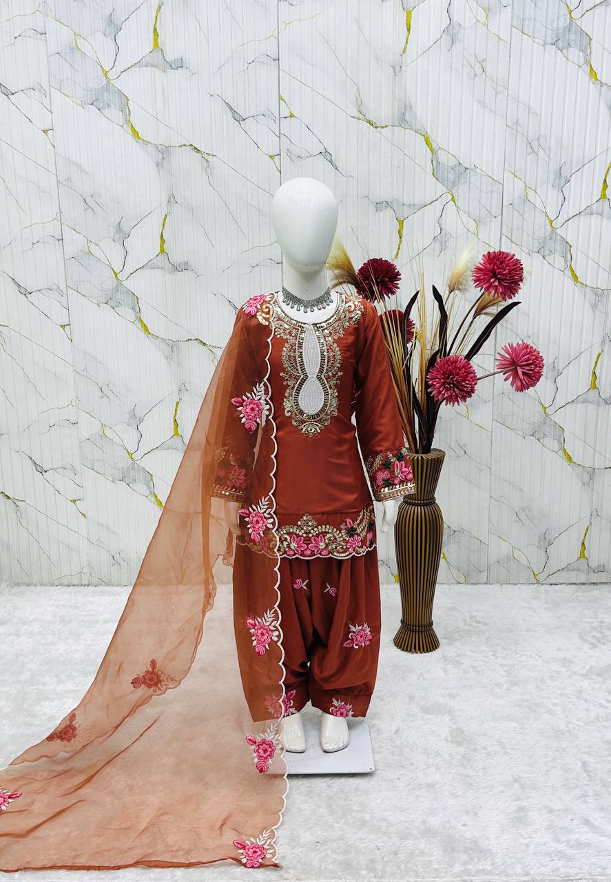 Readymade Orange Kids Girls Party Wear Salwar Suits
