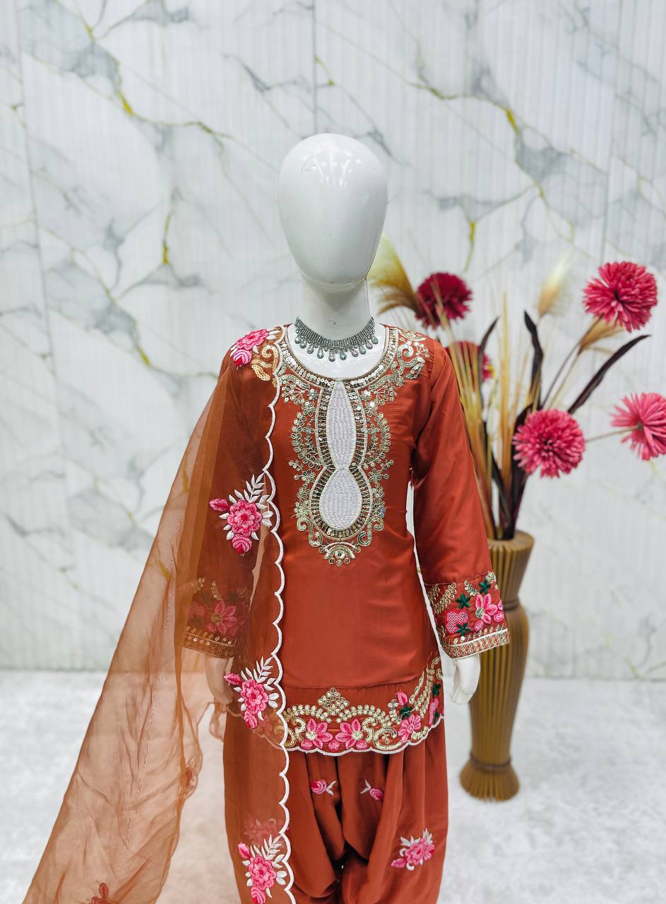 Readymade Orange Kids Girls Party Wear Salwar Suits