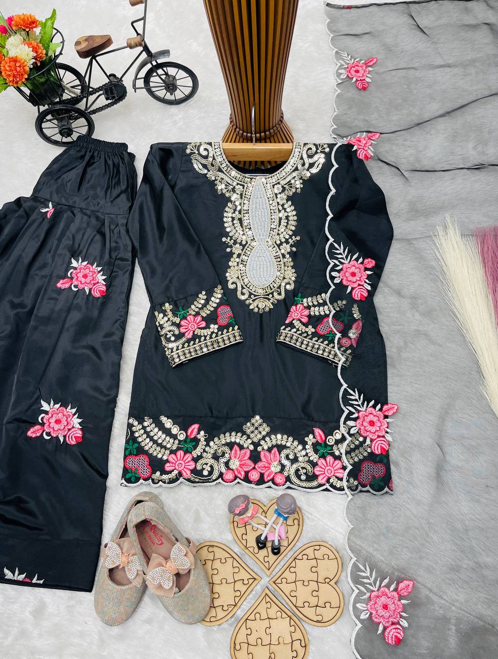 Black Readymade Kids Girls Salwar Suits for Eid