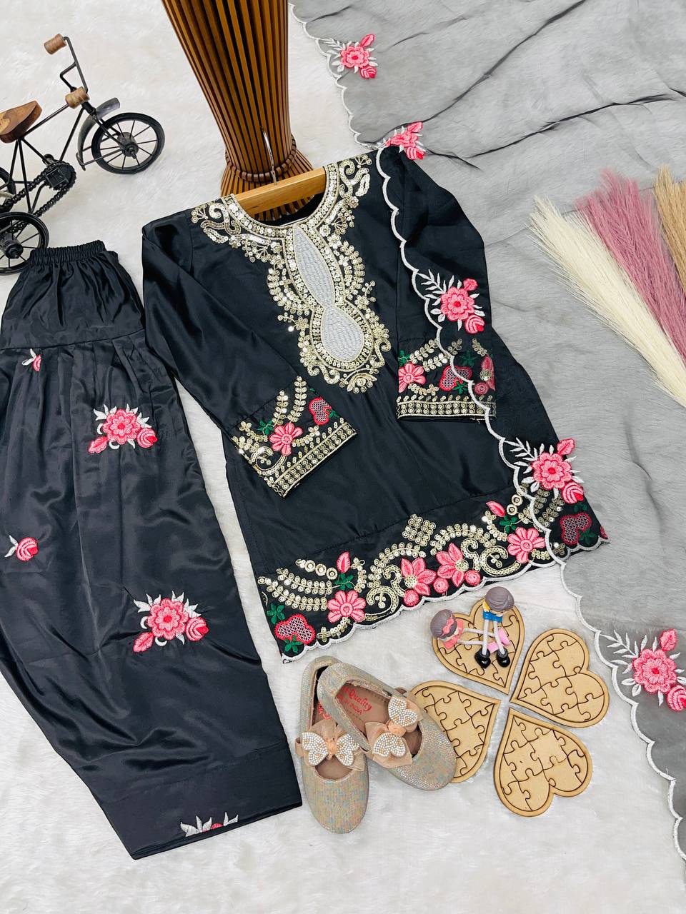 Black Readymade Kids Girls Salwar Suits for Eid